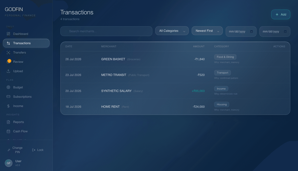 GODFIN transaction list showing synthetic merchants, categories, and classification reasons