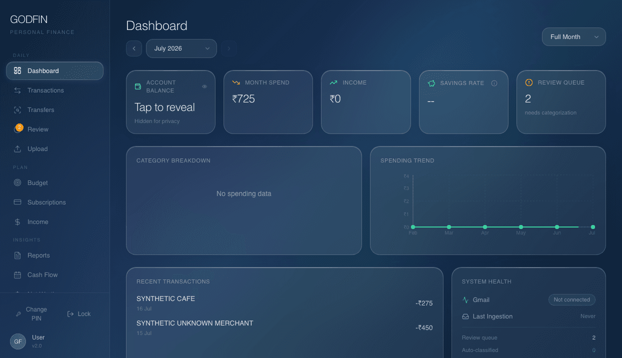 GODFIN desktop dashboard showing local financial summaries and charts