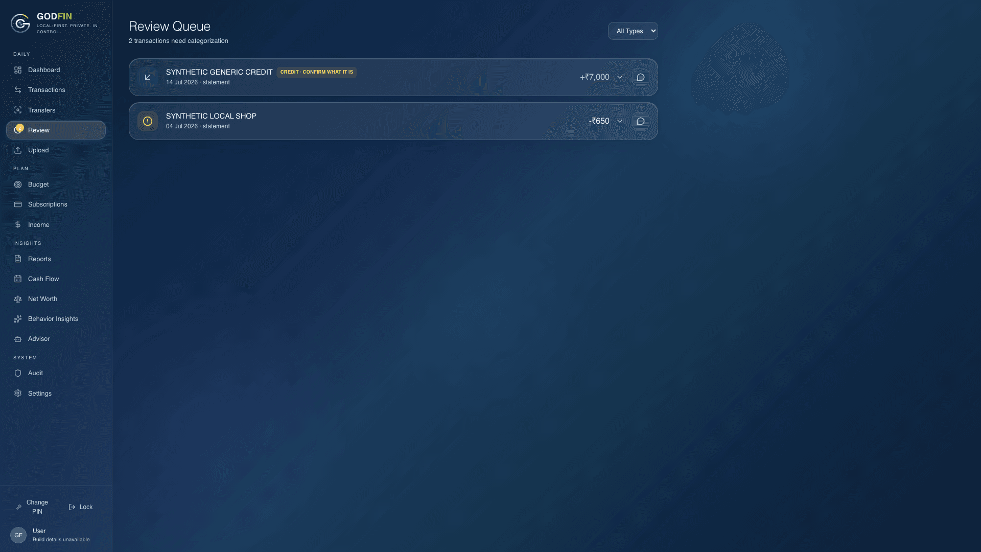 Real GODFIN review queue showing synthetic transactions and category choices