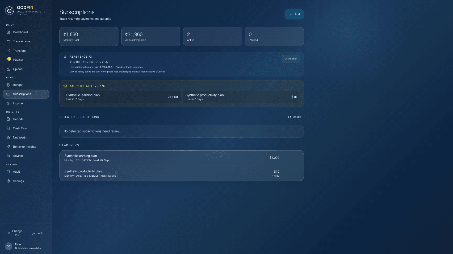 Real GODFIN regular payments screen with made-up subscriptions