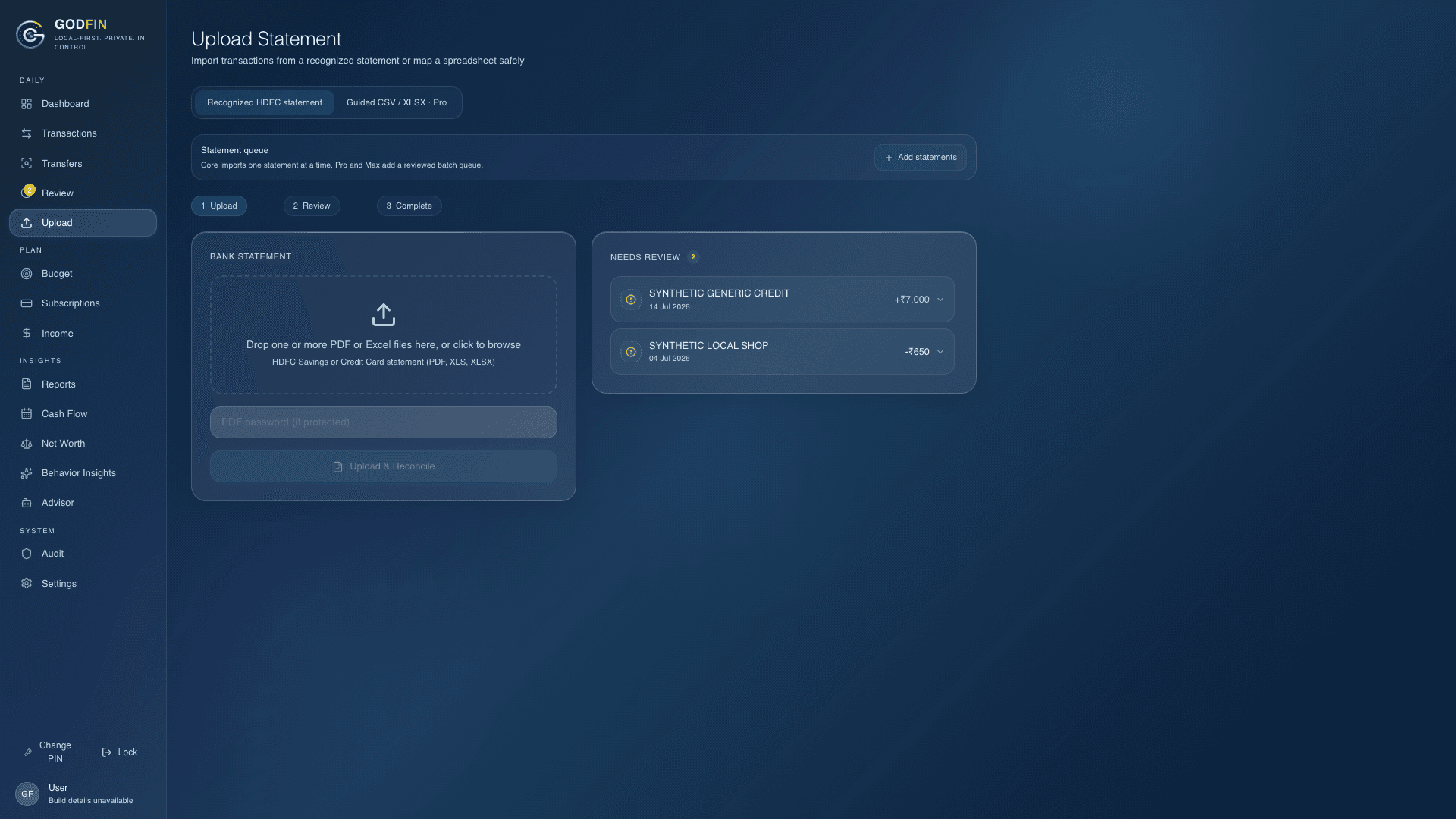 Real GODFIN upload screen showing a synthetic statement ready for review